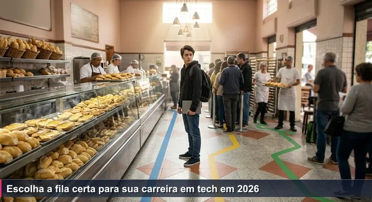 Interior de padaria em São Paulo às 8h, com três filas distintas no balcão; jovem com mochila e notebook indeciso sobre qual fila entrar, pão na chapa e cheiro de café ao fundo.