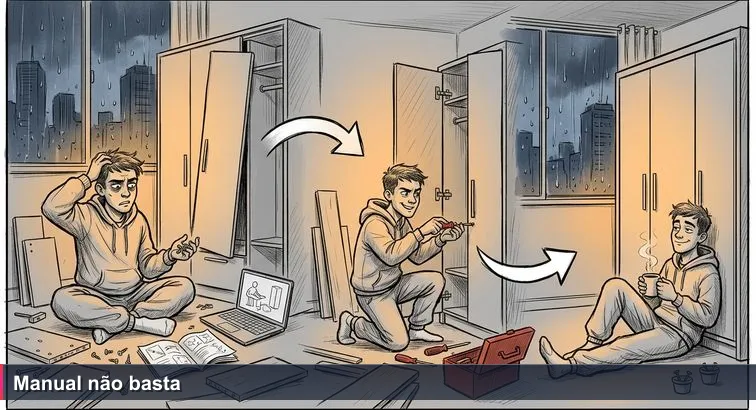 Noite em apartamento da Vila Mariana; jovem exausto monta guarda-roupa com tábuas e parafusos espalhados, notebook com tutorial aberto e prédios de São Paulo pela janela.