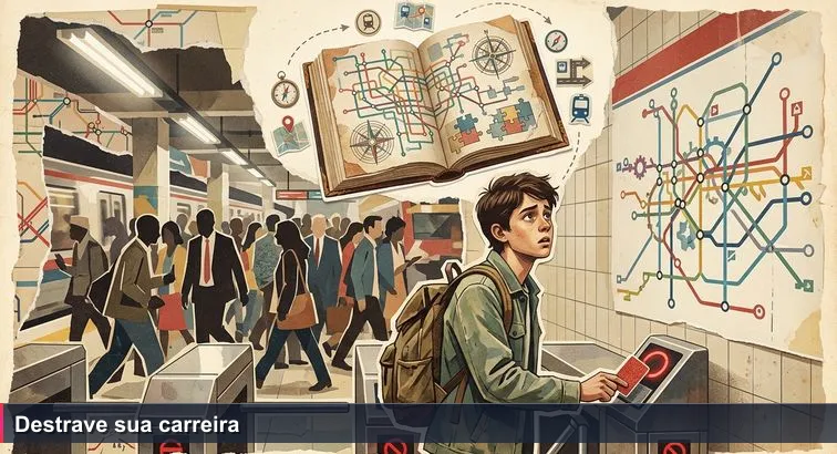 Plano aberto da estação Sé em fim de tarde; jovem segura Bilhete Único na catraca travada, olhando o visor vermelho e o mapa das linhas; plataforma lotada ao fundo.