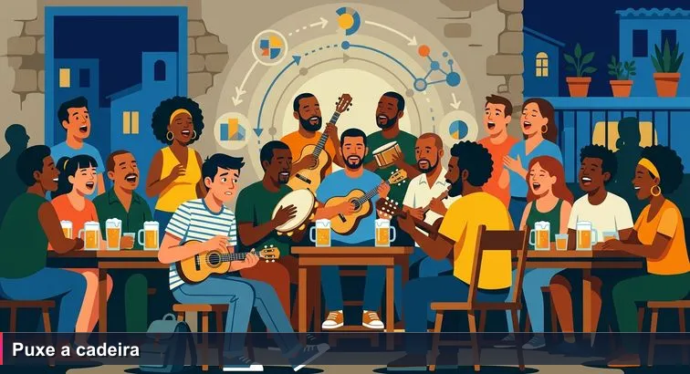 Cena noturna em bar da Vila Madalena com uma roda de samba lotada; ao lado da roda, um jovem com mochila de notebook segura um cavaquinho e hesita em sentar-se.