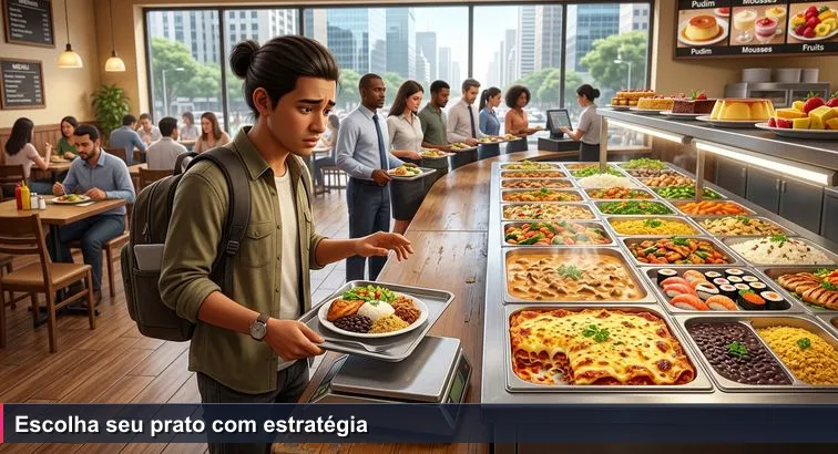 Pessoa jovem em um restaurante por quilo na Avenida Paulista, bandeja cheia parada na balança olhando pensativa para as opções enquanto profissionais com crachás formam a fila ao fundo.