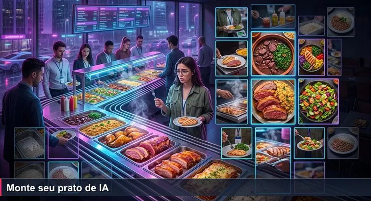 Bufê por quilo na Avenida Paulista com pessoas com crachás de startups, bandejas na mão e placa digital “R$/kg”; mulher hesitando entre pratos, clima de decisão.