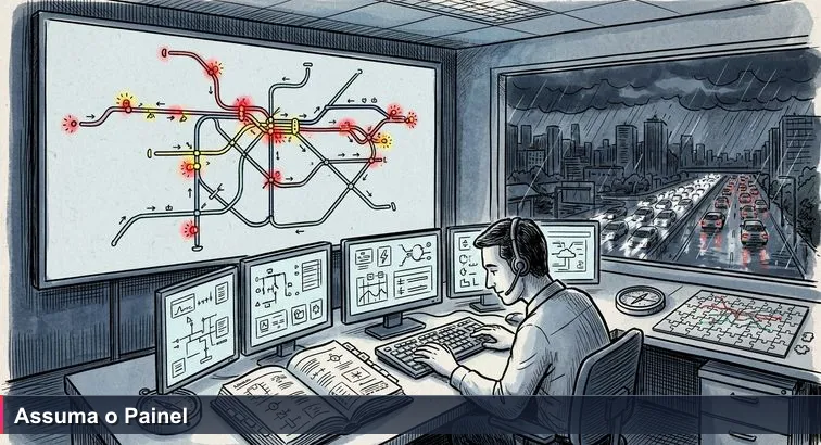 Sala de controle de trens em São Paulo ao entardecer, operador concentrado diante de um painel digital com linhas coloridas e alertas em vermelho e amarelo.
