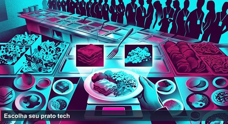 Vista aérea de restaurante por quilo em São Paulo ao meio-dia; bandejas brilhantes, fila de pessoas com crachás, uma mão segurando um prato diante da balança digital com o visor visível.