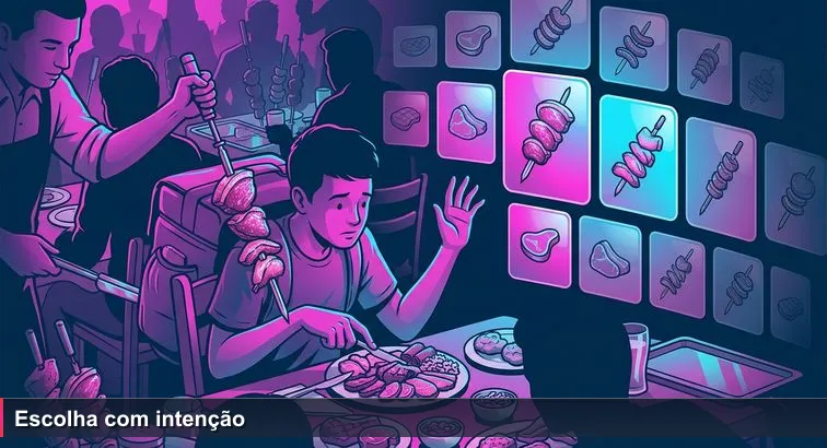 Cena de um rodízio lotado em São Paulo: espetos de churrasco passando entre mesas, jovem com mochila de entregador hesitando diante de um prato cheio enquanto o garçom oferece picanha.