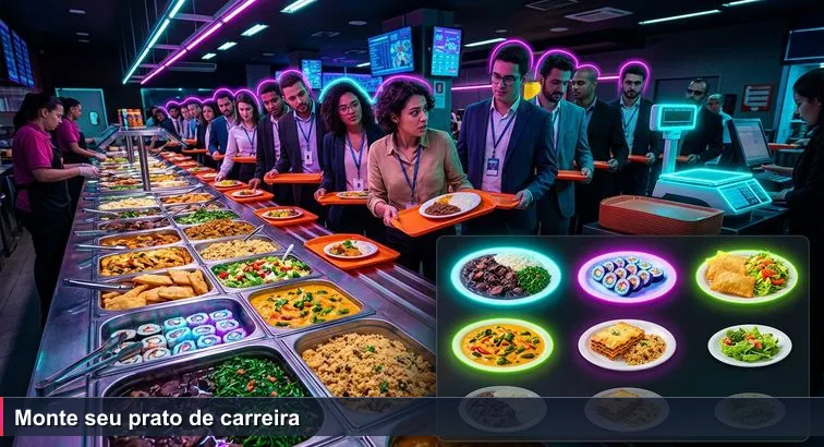 Cena ao meio-dia em restaurante por quilo na Avenida Paulista: trabalhadores de crachá seguram bandejas cheias, uma pessoa hesita entre pratos enquanto a fila e a balança digital aparecem ao fundo.