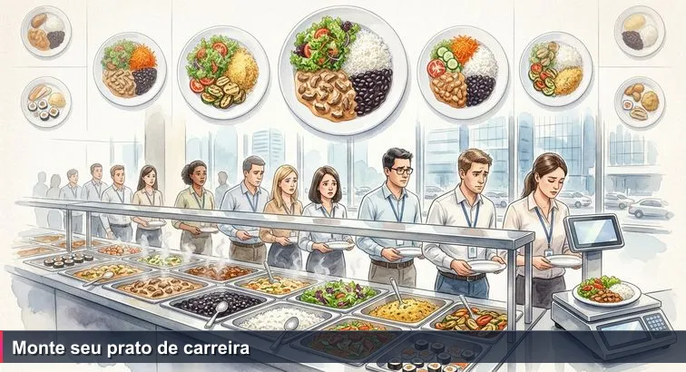 Fila de self-service na Avenida Paulista, prato cheio sendo pesado na balança digital; pessoas com crachás observando, sensação de escolha apressada.
