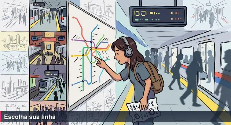 Pessoa na plataforma da Estação Sé olhando mapa do metrô, com mochila de notebook, papel amassado “Top 10 estações” na mão, multidão desfocada e painel digital ao fundo.