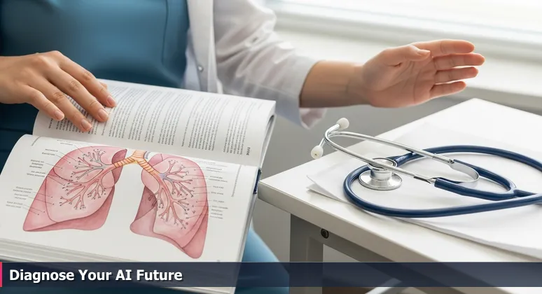 Hands reaching for a stethoscope next to an open textbook with AI diagrams, symbolizing the transition from learning to practical application in Houston's AI job market.