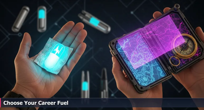 Weathered hands in a desert holding a foil energy gel and a map case with compass, symbolizing career choices between high-risk tech and stable energy jobs in Houston.