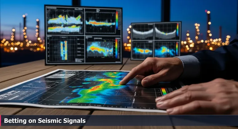 Geologist's hands analyzing a seismic map on a table, with Houston refinery lights visible through a window at dusk.