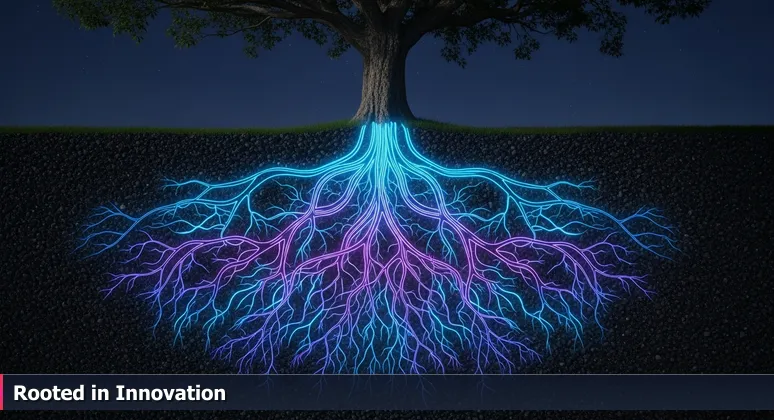 Cross-section of soil revealing the intricate root system of a live oak tree, symbolizing Houston's hidden tech ecosystem in energy, medicine, and aerospace.
