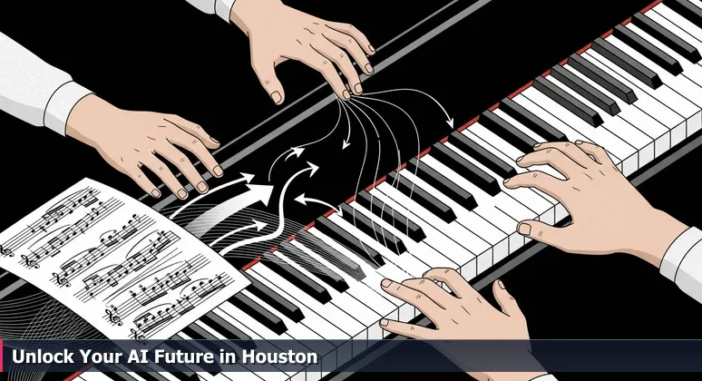 A pianist's hands hover over sheet music that transitions into AI code on a screen, symbolizing the journey to mastering AI engineering in Houston's unique industrial landscape.