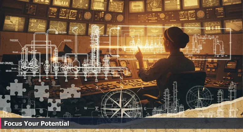 A focused female operator in a refinery control room at night, intently studying a schematic on a glowing screen, symbolizing strategic AI networking in Houston.