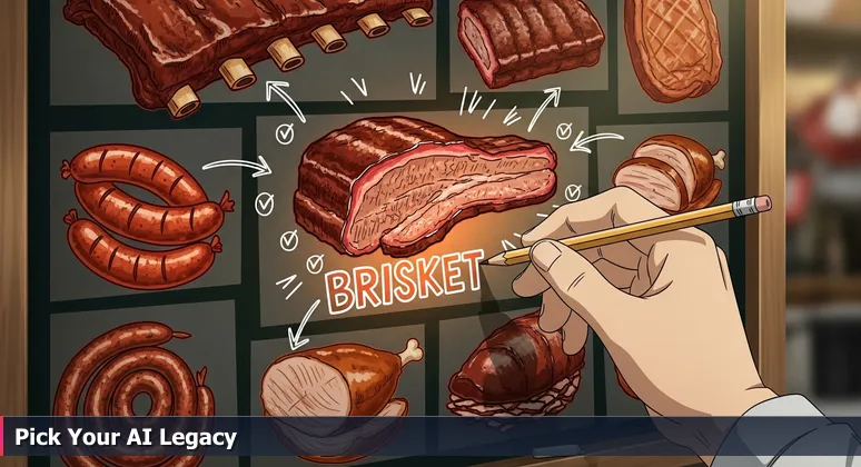 A hand holding a pencil over a crowded chalkboard menu at a Houston BBQ joint, representing career choices for AI engineers in 2026.