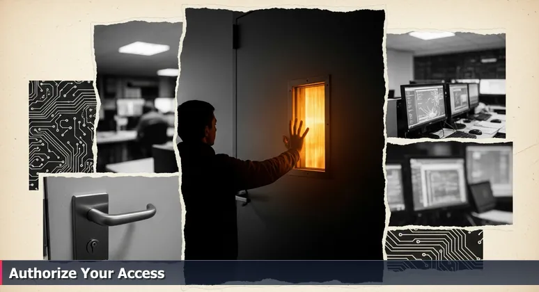 A person hesitating before a door marked 'MISSION CRITICAL', with glowing monitor screens visible inside, symbolizing entry into Houston's tech job opportunities.
