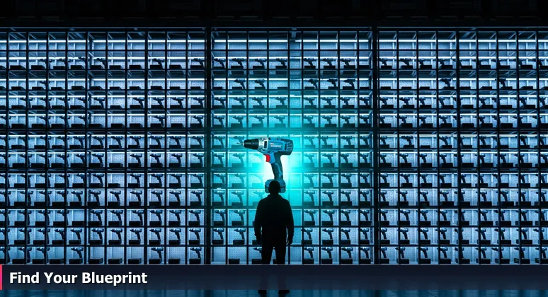 A person in a Houston hardware store looking overwhelmed by a wall of power drills, symbolizing the choice of AI bootcamps for building a tech career.