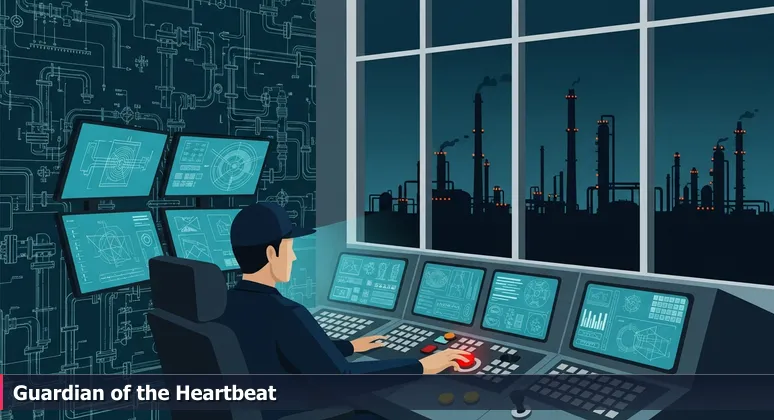 A cybersecurity operator in a Houston refinery control room, hand hovering over an unlabeled button, symbolizing the defense of critical digital ecosystems.