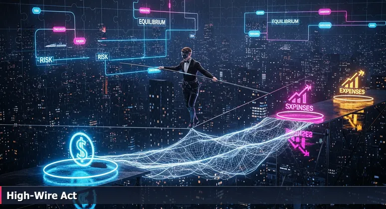 A tech professional as a tightrope walker balancing on a wire above Houston's skyline, with platforms labeled Salary and Cost of Living, and a frayed safety net below.