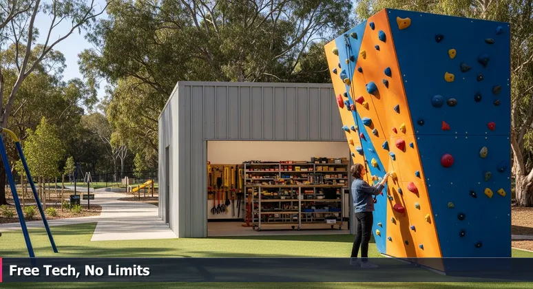 A diverse group of adults using computers and 3D printers in a Houston public library's TECHLink makerspace, with bookshelves in the background