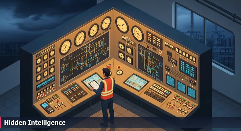 A technician monitors AI systems in a Houston industrial substation, symbolizing hidden intelligence powering traditional industries.