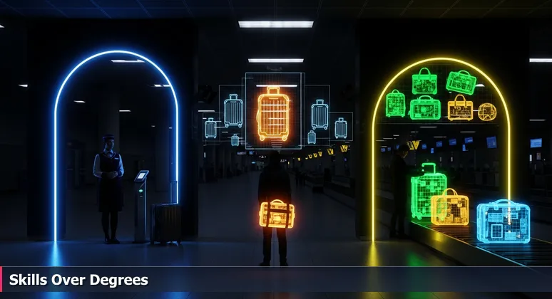 A person at a Houston-themed airport security checkpoint, hesitating between a 'Priority' lane for degrees and an 'All Travelers' lane where tech skills are visible on a conveyor belt.