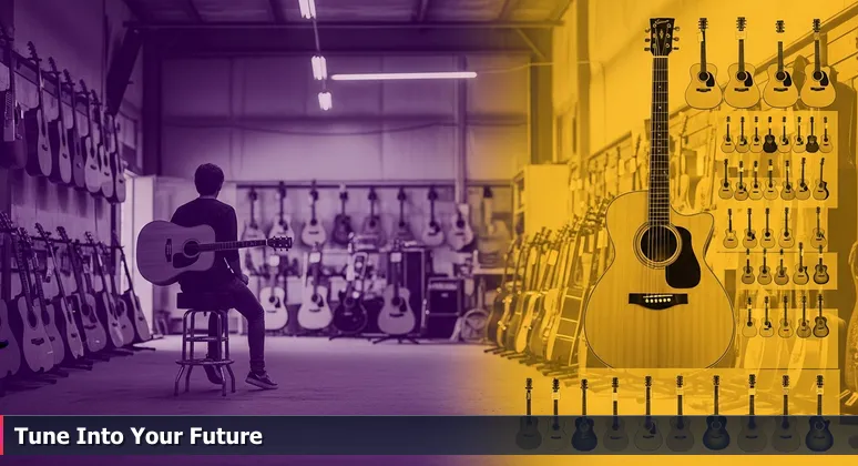 A junior developer symbolized by a person in a Houston guitar shop, hand hovering over an acoustic guitar, representing the choice of tech startups for career growth.