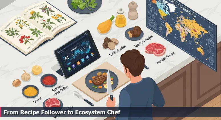 A frustrated cook in a modern kitchen with exotic ingredients and a tablet showing an AI recipe, but the final dish is a bland, overcooked mess.