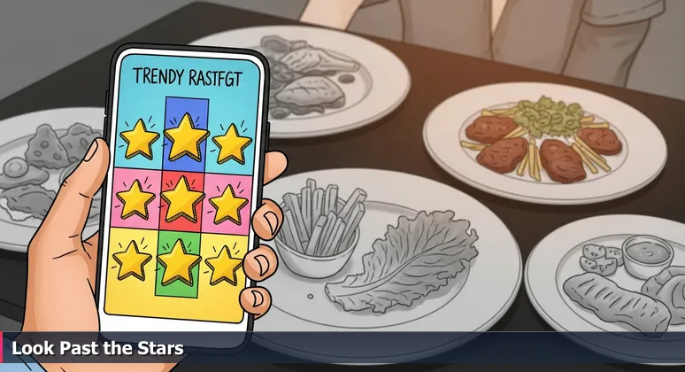 Smartphone displaying a perfect five-star restaurant rating next to a plate of unappetizing food, illustrating the gap between surface metrics and real career value.