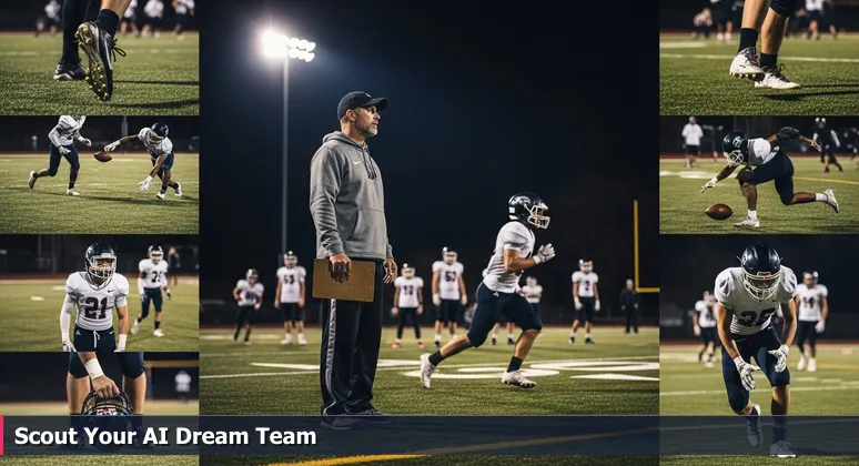 A football coach scouting players under stadium lights, symbolizing the strategic search for AI engineering jobs in Gainesville's booming tech scene.