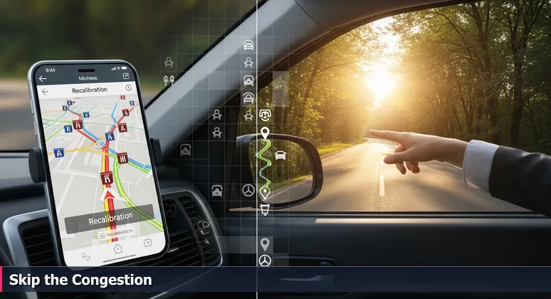 A hand holds a smartphone showing a chaotic GPS map with congested routes, while another hand points to a serene, tree-lined street in Gainesville, representing hidden career paths.