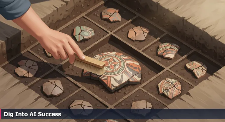 An archaeologist's hand carefully brushing dirt from a fragmented pottery shard in a dig site, symbolizing the discovery of AI bootcamp opportunities in Gainesville's tech landscape.