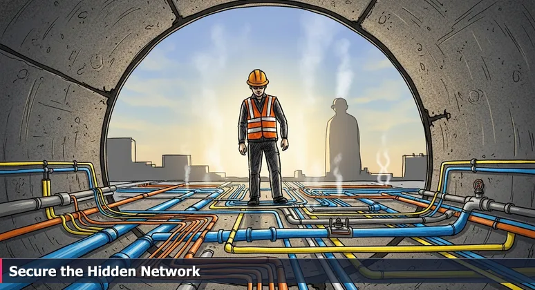 A utility worker in Gainesville peers into a manhole at dawn, revealing a tangle of color-coded cables and pipes symbolizing the hidden cybersecurity infrastructure protecting critical assets.