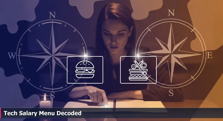 A tech professional in Gainesville examines a restaurant menu with salary-themed items, symbolizing the cost of living vs tech income decision for 2026.