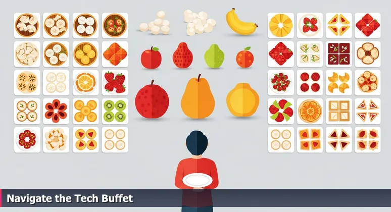 A person feeling overwhelmed at a buffet table filled with tech learning tools, holding an empty plate, symbolizing the abundance of free training options in Gainesville.