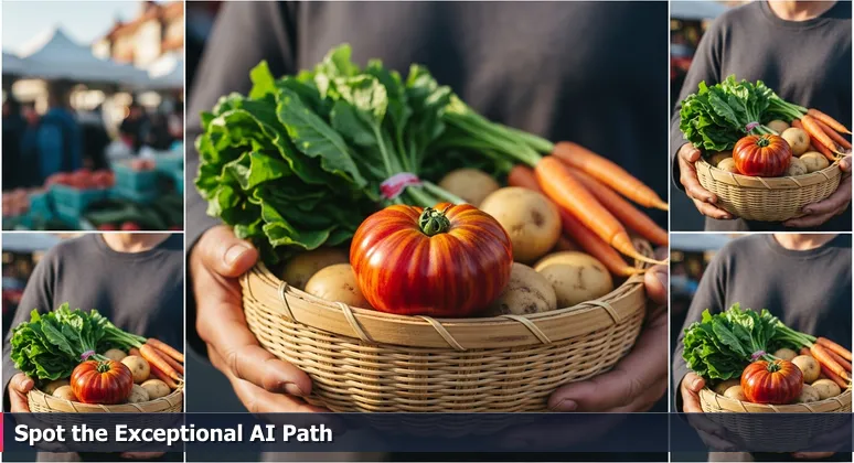 Close-up of hands holding a woven basket with a vibrant, striped heirloom tomato among common vegetables at Union Street Farmers Market in Gainesville, symbolizing unique AI job opportunities in local industries.