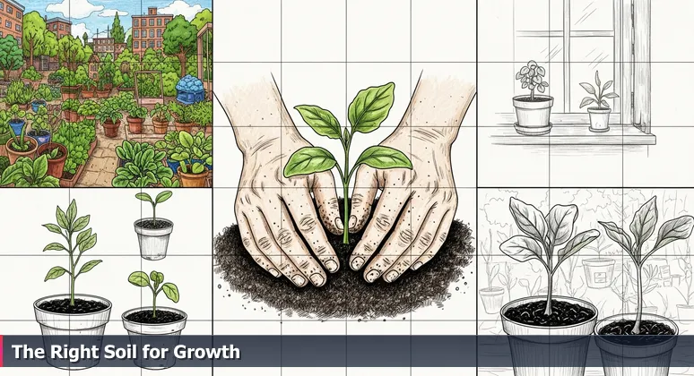 Gardener's hands planting a tech seedling in soil, with community garden and potted plant backdrop, symbolizing workspace ecosystems in Gainesville.
