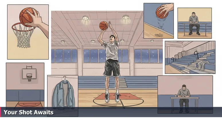 A lone basketball player taking a jump shot in an empty high school gym under bright lights, symbolizing skills-based tryouts for tech careers in Gainesville, Florida.