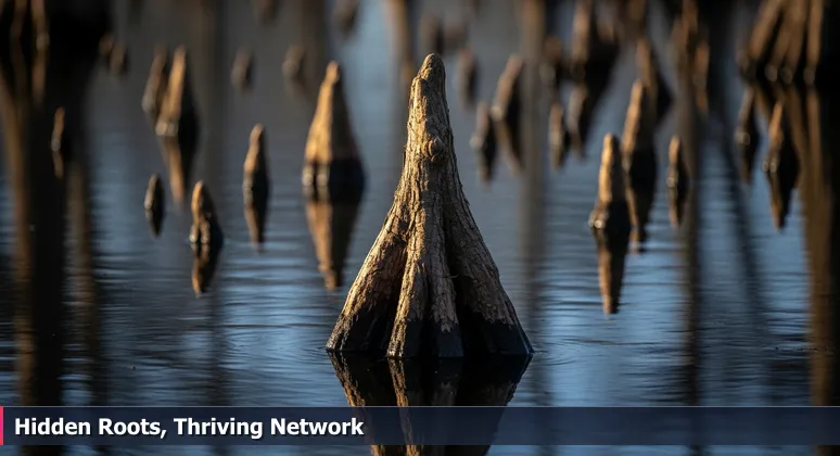 A cypress knee in Payne's Prairie, Gainesville, with roots visible below water, symbolizing hidden support for women in tech.