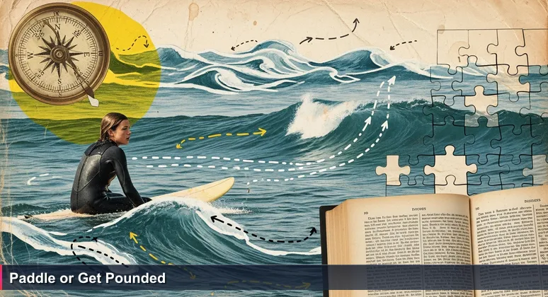 Young South African surfer sitting on a surfboard in Cape Town looking at approaching waves, representing the start of an AI career journey.