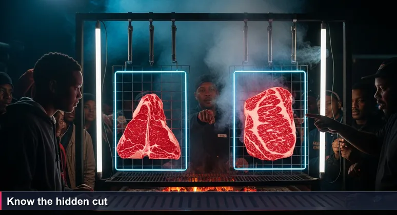 A person at a busy Soweto shisanyama grill, smoke rising, as a vendor points to a hidden prime cut while customers watch eagerly.