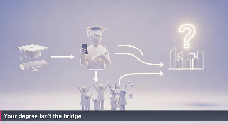 Graduates in caps and gowns from UCT, Wits, and Stellenbosch taking a group selfie outside a graduation hall; one graduate's eyes drift towards the city skyline instead of the camera, symbolizing the gap between achievement and opportunity.