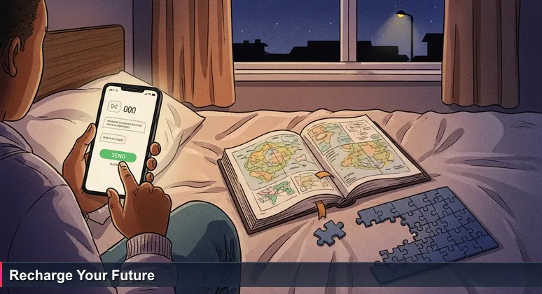 Person sitting on bed in Soweto with phone showing 'Please Call Me' message, representing funding gap for tech training in South Africa