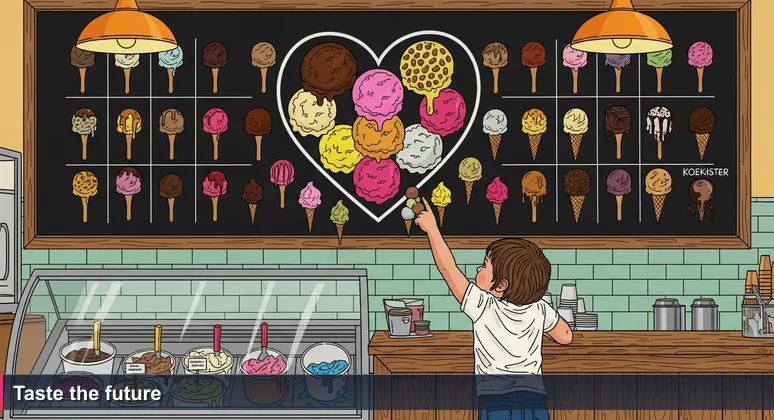 Child pointing at chalkboard listing top 10 ice cream flavours, representing the variety of AI startups in South Africa.