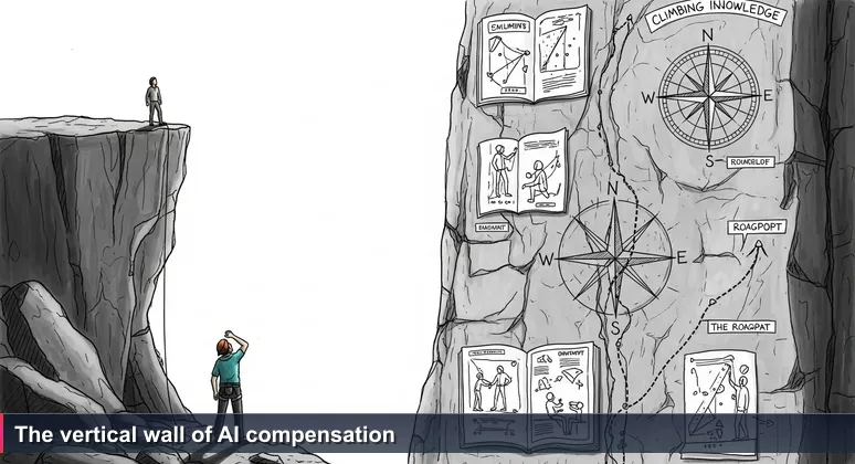 A climber at the base of a vertical rock face, looking up at a tiny figure on a ledge near the summit, representing the gap between junior and senior AI salaries in South Africa.