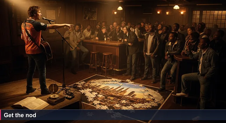 Dimly lit Johannesburg pub with a guitarist in Springbok jersey pointing at a man near the bar, inviting him to show his work on stage. Other patrons watch.