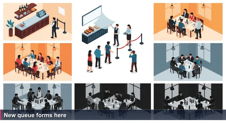 A crowded restaurant queue with a server flipping a sign that reads 'New queue forms here,' symbolizing the shifting AI job market in South Africa.