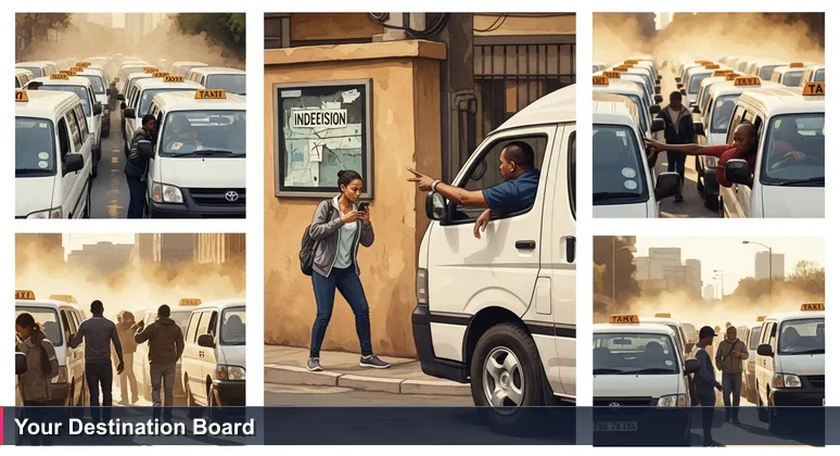 A chaotic minibus taxi rank in Johannesburg at rush hour with many white taxis, dust, and drivers shouting; a young commuter stands with phone in hand looking at a destination board.