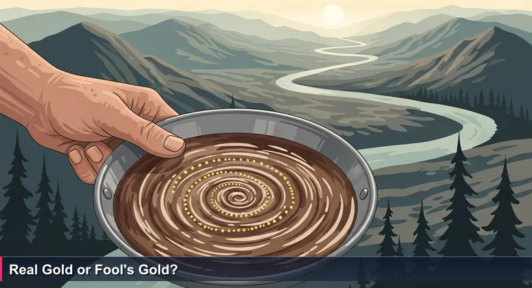A close-up of a weathered hand gripping a metal pan filled with muddy river water. Tiny gold specks catch the early morning sun against a backdrop of distant mountains and a winding river. The water is still swirling, the result unknown.