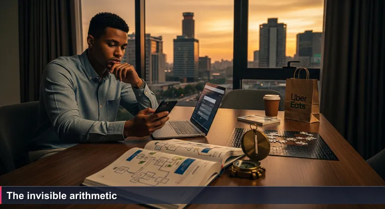 Tech worker in modern Johannesburg apartment reviewing banking app on laptop, with takeaway coffee and Uber Eats bag nearby, dusk skyline visible through window.